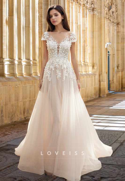 V-Neck Cap Sleeves Floral Appliques Tulle A-Line Beach Wedding Dress