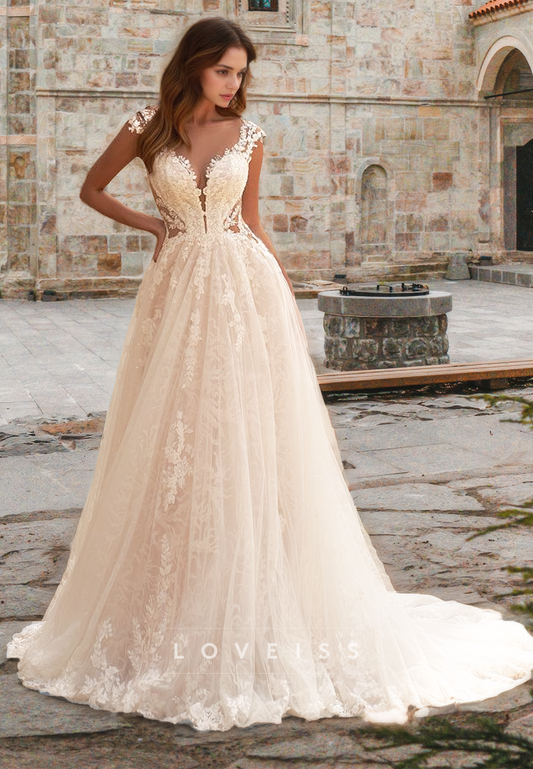 V-Neck Cap Sleeves Floral Appliques Tulle Ball Gown Weding Dress