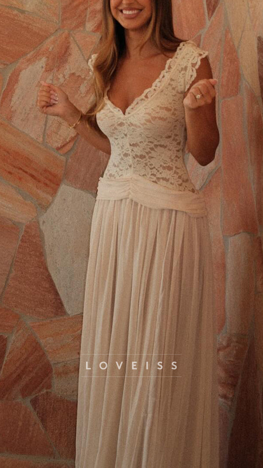 V-Neck Cap Sleeves Lace Appliques A-Line Wedding Dress