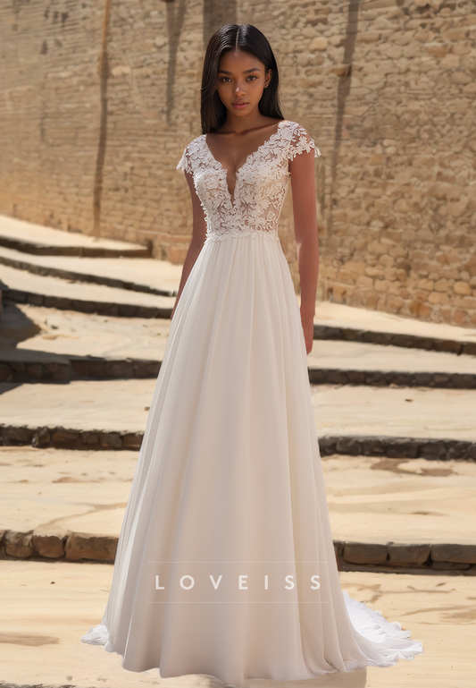 V-Neck Cap Sleeves Lace Appliques Pleated A-Line Beach Wedding Dress