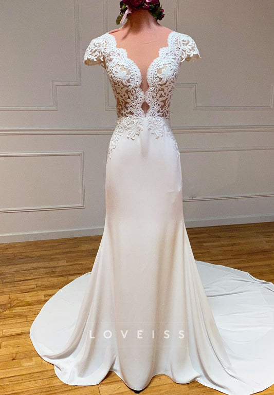 V-Neck Cap Sleeves Lace Appliques Sheath Wedding  Dress