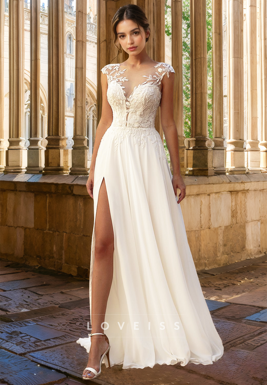 V-Neck Cap Sleeves Lace Appliques Side Slit A-Line Wedding Dress