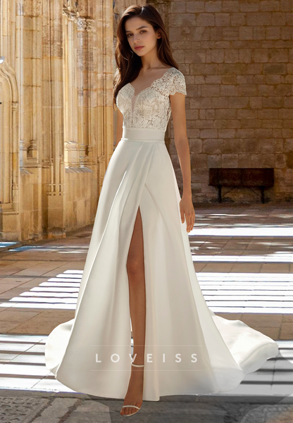 V-Neck Cap Sleeves Lace Appliques Side Slit Pleated Satin A-Line Wedding Dress