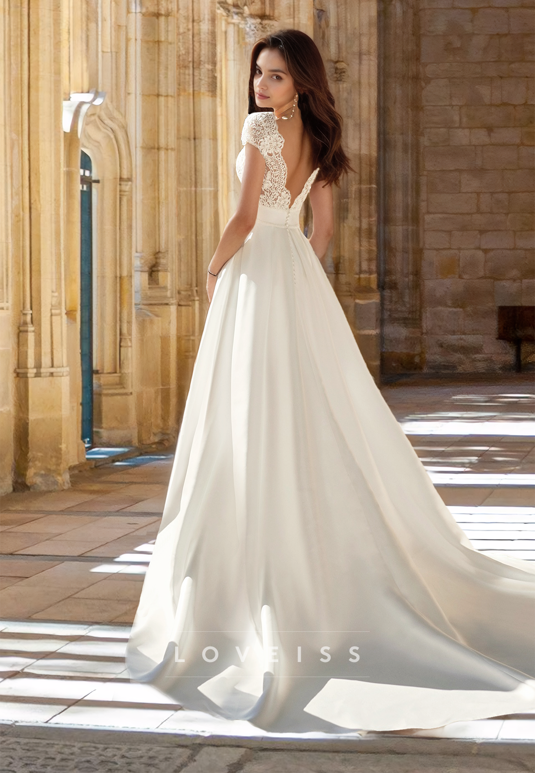 V-Neck Cap Sleeves Lace Appliques Side Slit Pleated Satin A-Line Wedding Dress