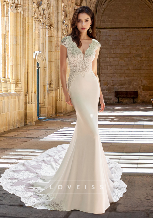 V-Neck Cap Sleeves Lace Appliques Sleek Mermaid Wedding Dress