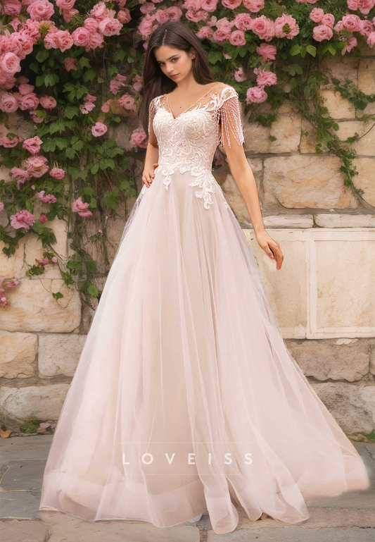 V-Neck Cap Sleeves Lace Appliques Tulle A-Line Wedding Dress