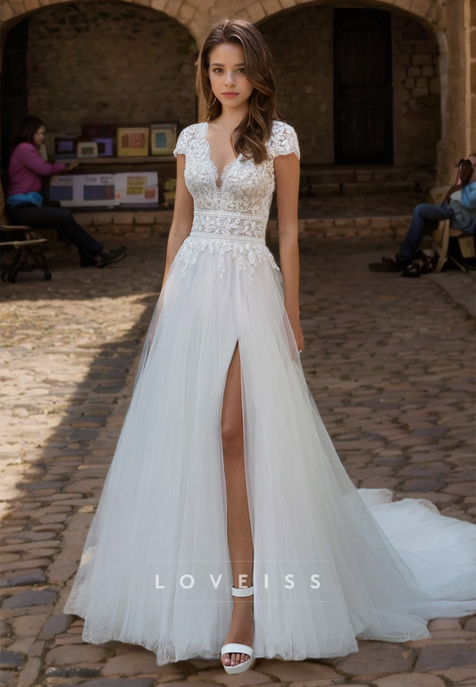 V-Neck Cap Sleeves Lace Appliques Tulle A-Line Wedding Dress