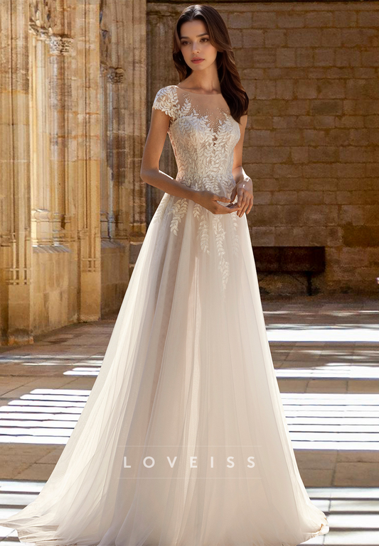 V-Neck Cap Sleeves Lace Appliquess Tulle A-Line Wedding Dress