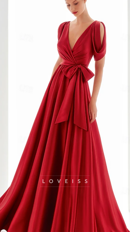 V-Neck Cap Sleeves Pleated A-Line Mother of Bride Dress