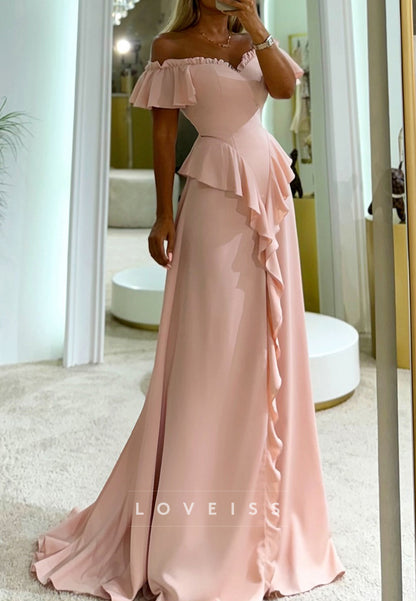 V-Neck Cap Sleeves Ruffles Sheath Formal Dress