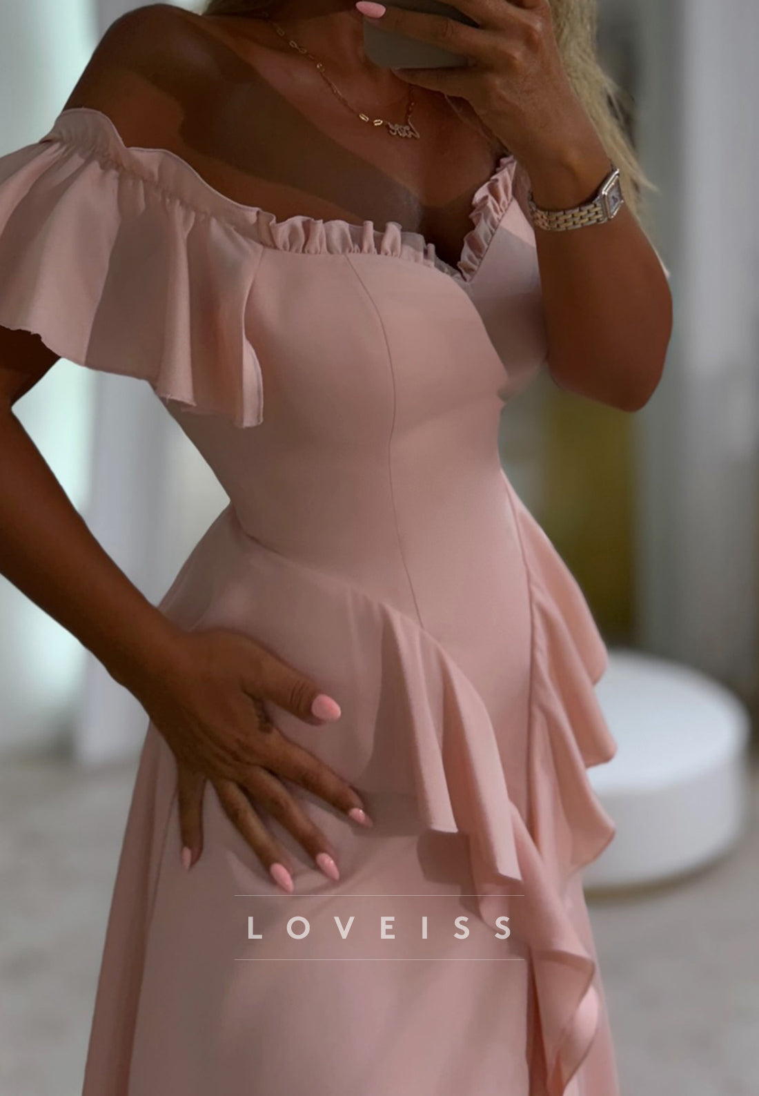 V-Neck Cap Sleeves Ruffles Sheath Formal Dress
