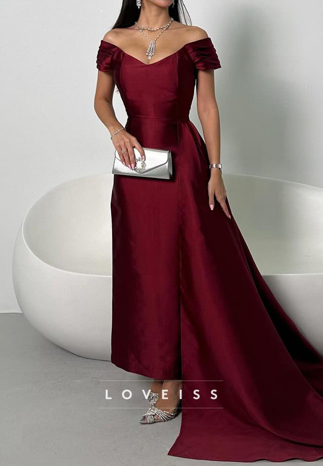 V-Neck Cap Sleeves Satin Sheath Evening Dress