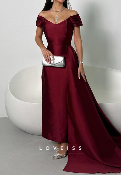 V-Neck Cap Sleeves Satin Sheath Evening Dress