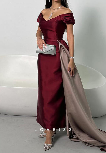 V-Neck Cap Sleeves Satin Sheath Evening Dress