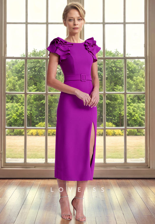 V-Neck Cap Sleeves Sleek Satin Ankle-Length Mother of the Bride Dress with Slit