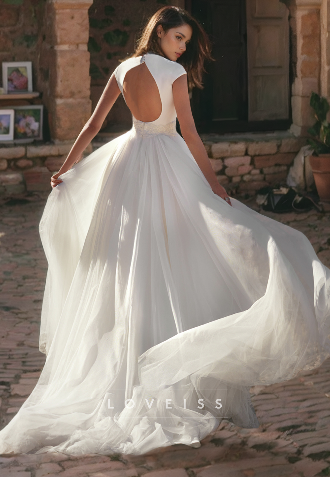 V-Neck Cap Sleeves Tulle A-Line Wedding Dress