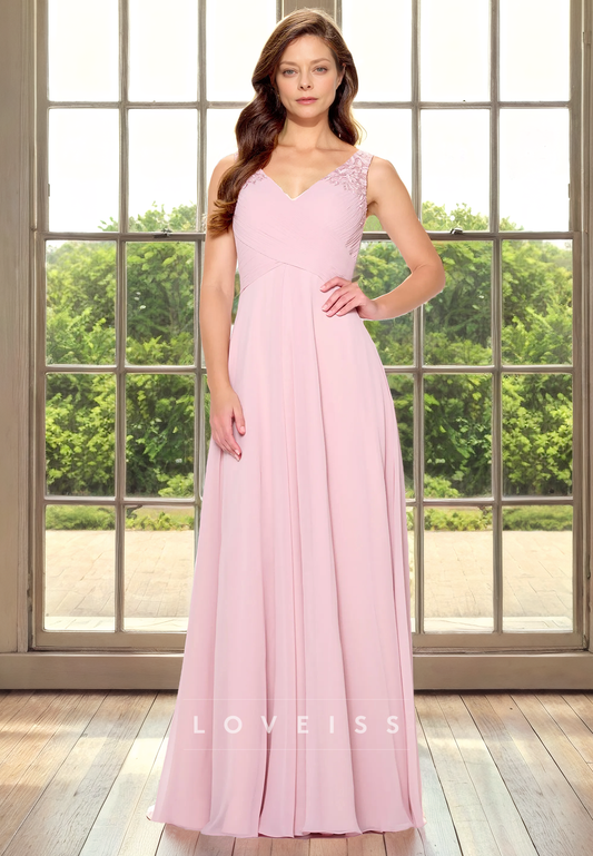 V-Neck Chiffon Appliques A-Line Mtoher of Bride Dress