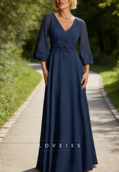 V-Neck Chiffon Long Sleeves A-Line Mother of Bride Dress