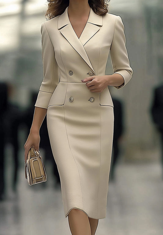 V-Neck Collared Long Sleeves Buttoned Pencil Work Midi Dress