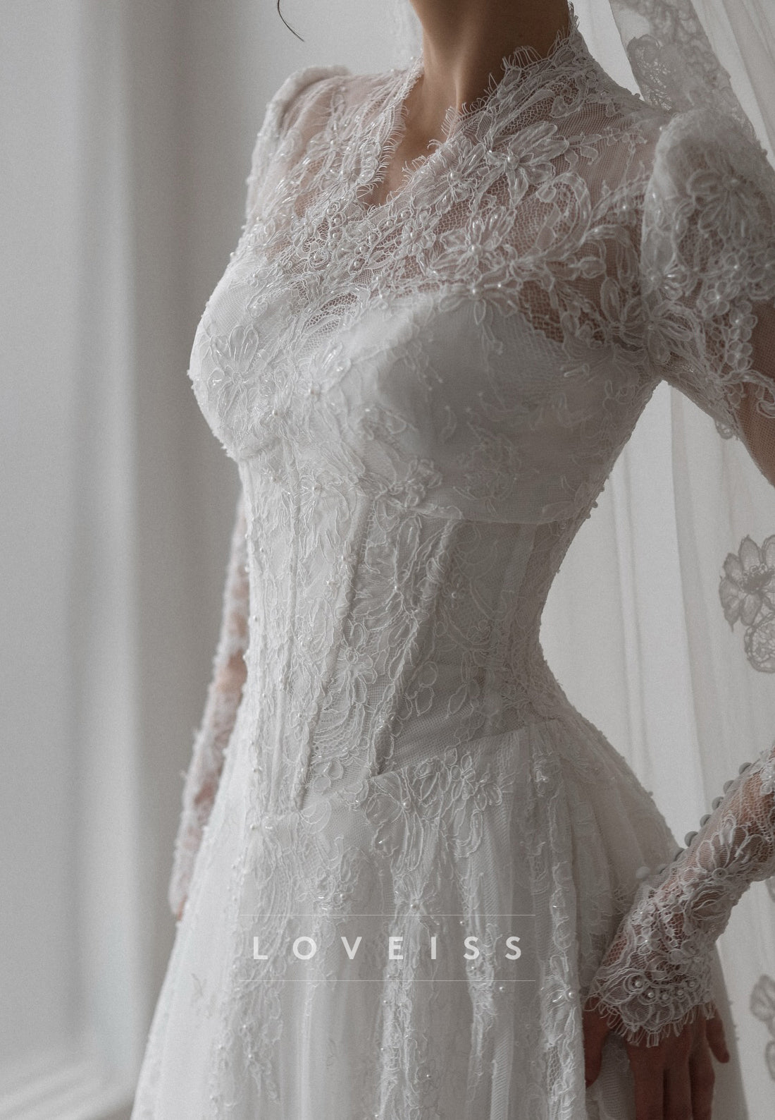 V-Neck Corset Long Sleeves Appliques Lace A-Line Wedding Dress