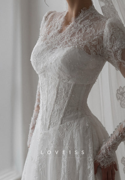 V-Neck Corset Long Sleeves Appliques Lace A-Line Wedding Dress