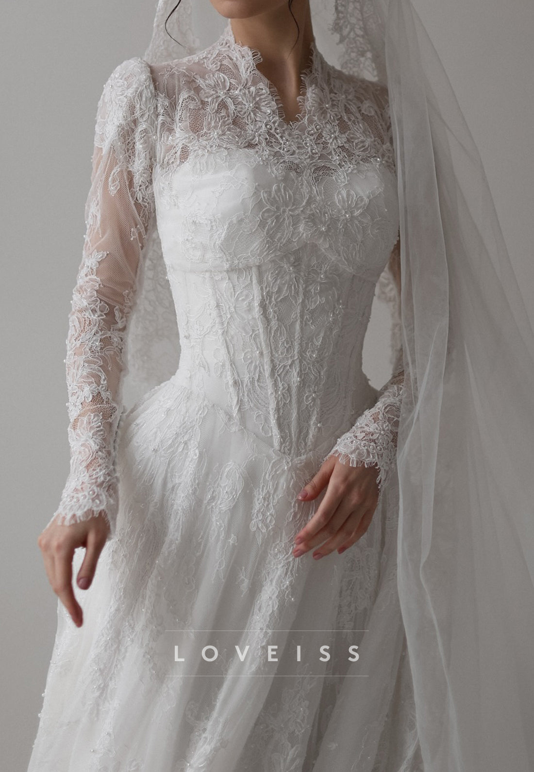 V-Neck Corset Long Sleeves Appliques Lace A-Line Wedding Dress