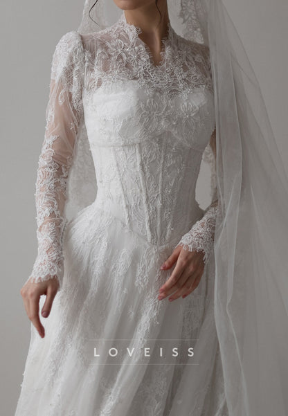 V-Neck Corset Long Sleeves Appliques Lace A-Line Wedding Dress