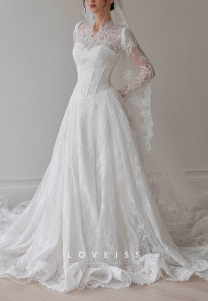 V-Neck Corset Long Sleeves Appliques Lace A-Line Wedding Dress