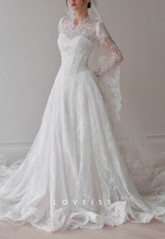 V-Neck Corset Long Sleeves Appliques Lace A-Line Wedding Dress