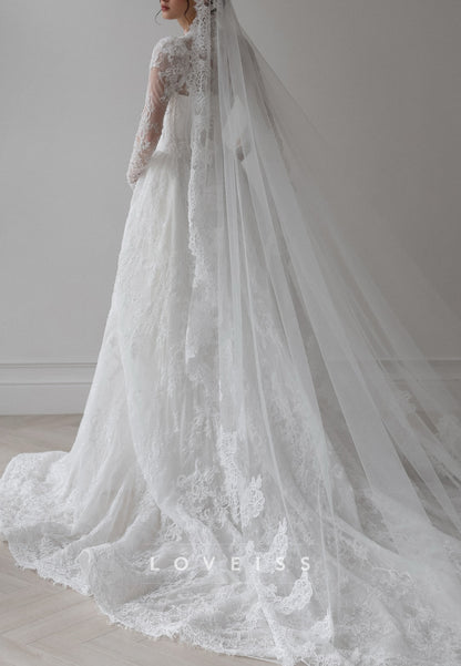 V-Neck Corset Long Sleeves Appliques Lace A-Line Wedding Dress