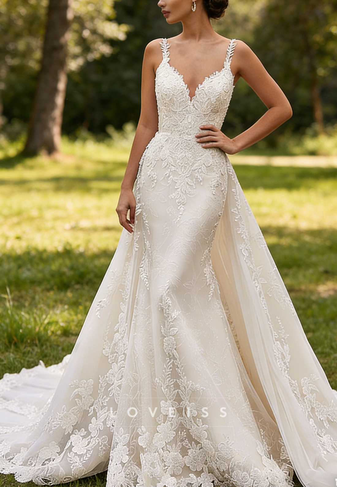 V-Neck Detachable Train Lace Appliques Mermaid Wedding Dress