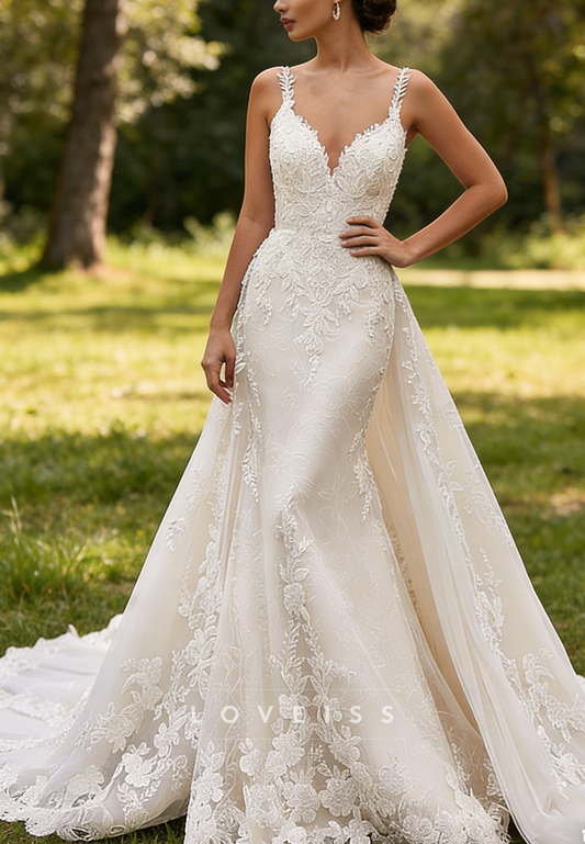 V-Neck Detachable Train Lace Appliques Mermaid Wedding Dress