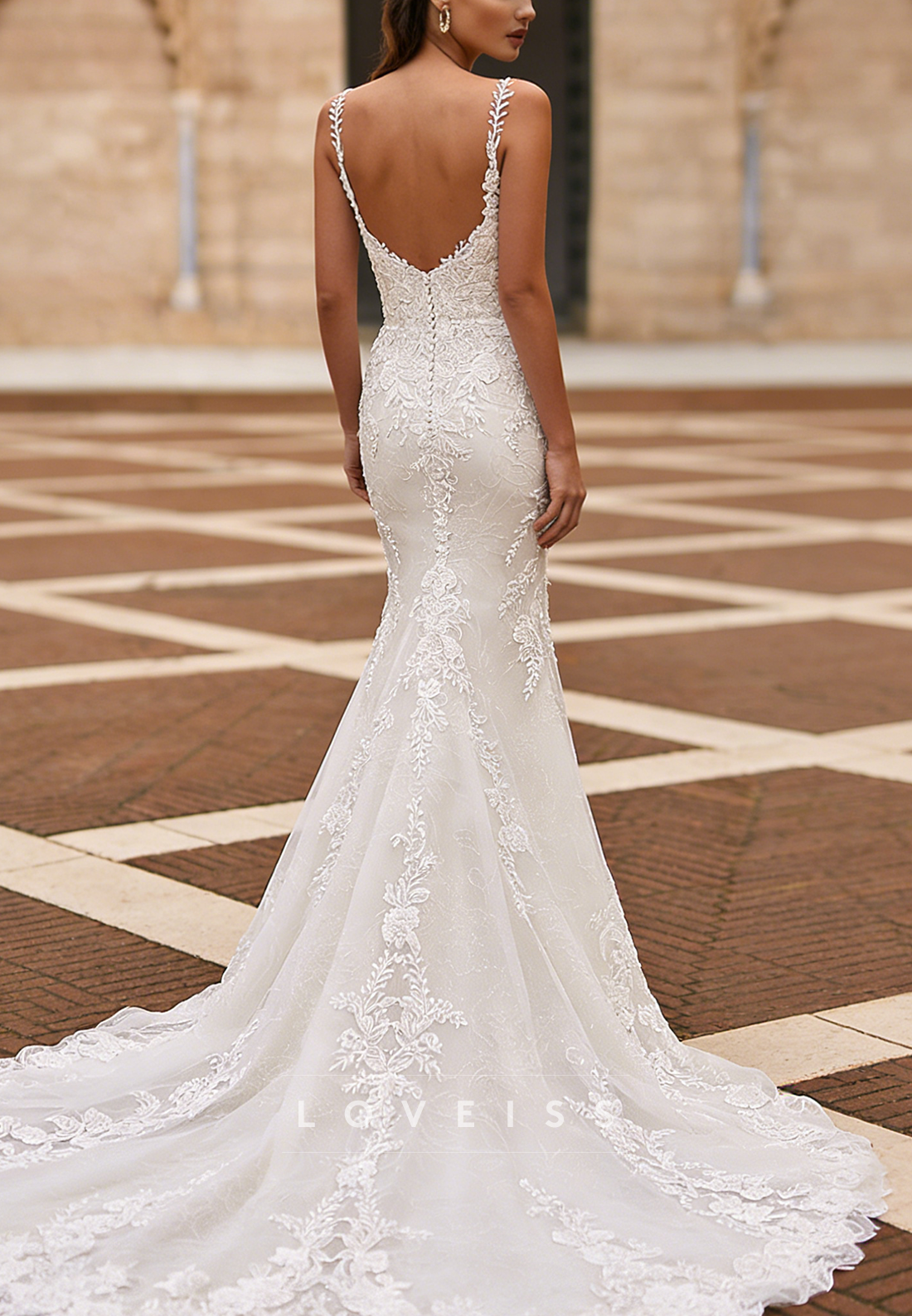 V-Neck Detachable Train Lace Appliques Mermaid Wedding Dress