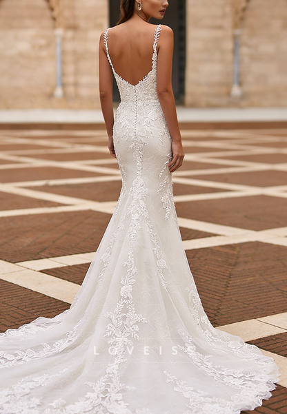 V-Neck Detachable Train Lace Appliques Mermaid Wedding Dress