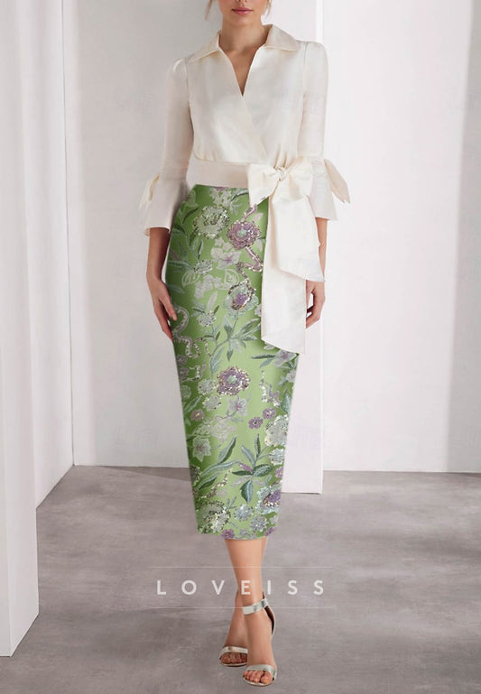 V-Neck Floral Appliques Long Sleeves Sheath Mother of Bride Dress