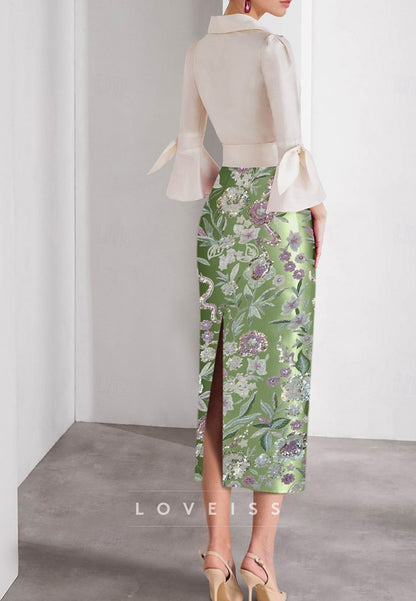 V-Neck Floral Appliques Long Sleeves Sheath Mother of Bride Dress