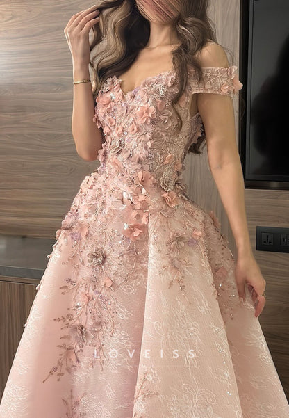 V-Neck Floral Appliques Prom Dress A-Line Evening Dress