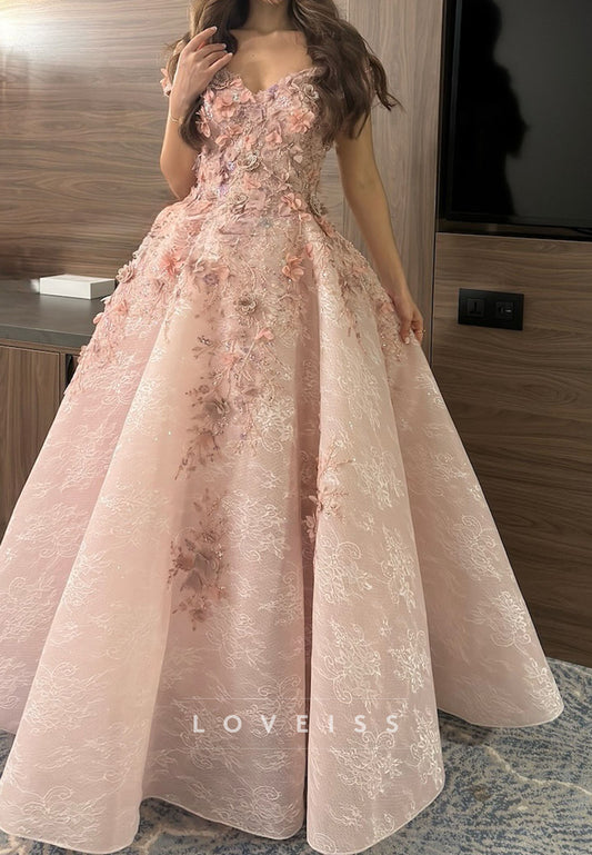 V-Neck Floral Appliques Prom Dress A-Line Evening Dress