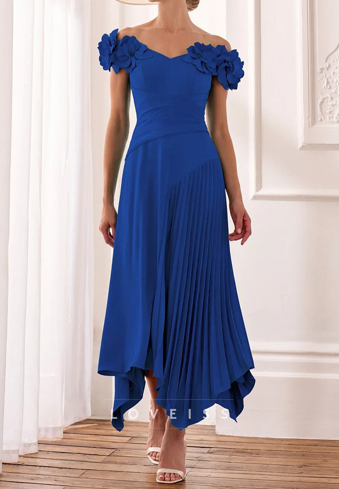 V-Neck Floral Cap Sleeves A-Line Mother of Bride Dress