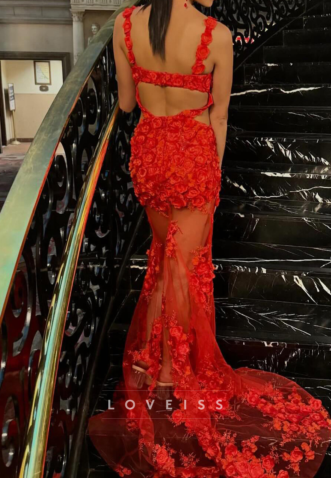 V-Neck Floral Embellished Mermaid Evening Dress