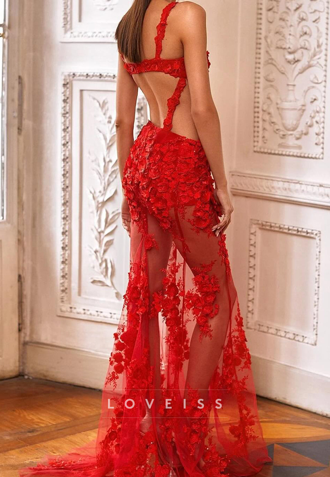 V-Neck Floral Embellished Mermaid Evening Dress