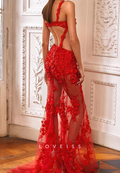 V-Neck Floral Embellished Mermaid Evening Dress