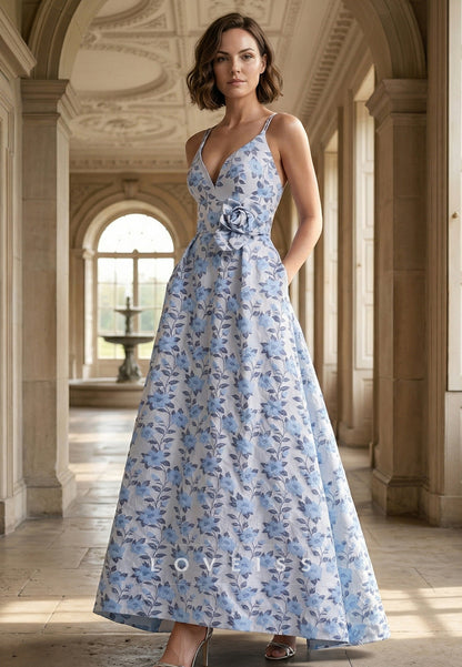 V-Neck Floral Printed A-Line Mother of Bride Dress