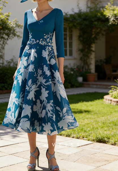 V-Neck Floral Printed Chiffon Long Sleeves Cocktail Dress