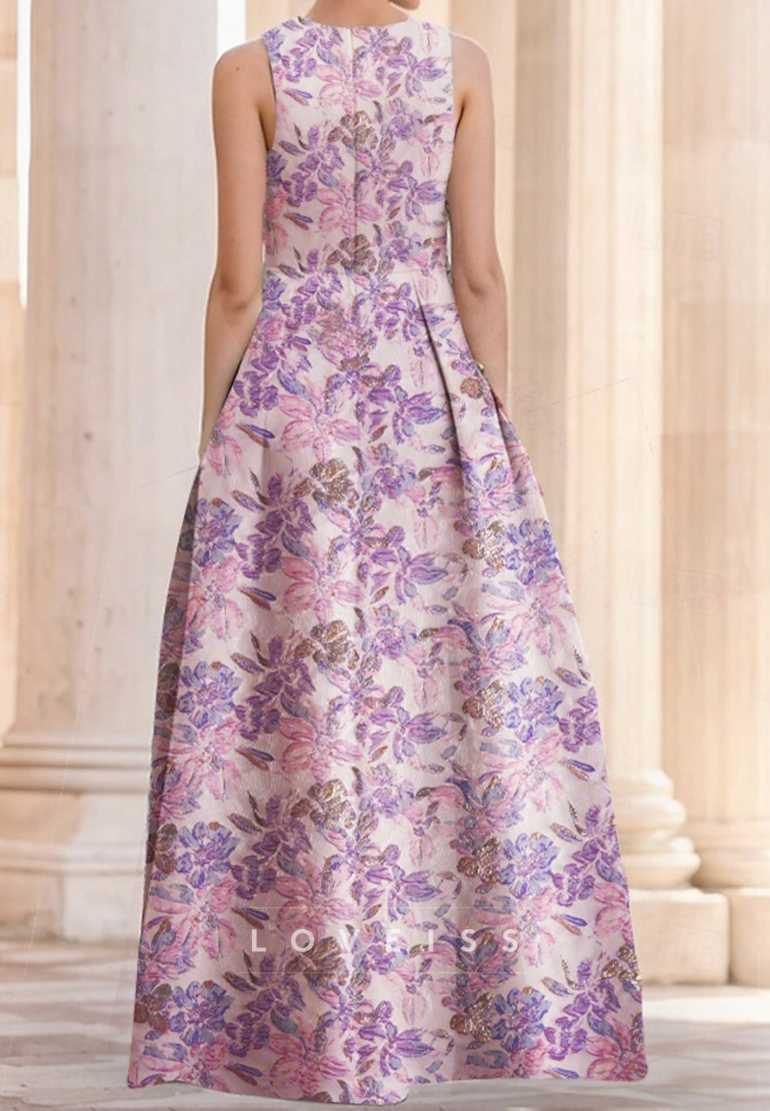 V-Neck Long Sleeves Sleek Floral Printed A-Line Mother of Bride Dress