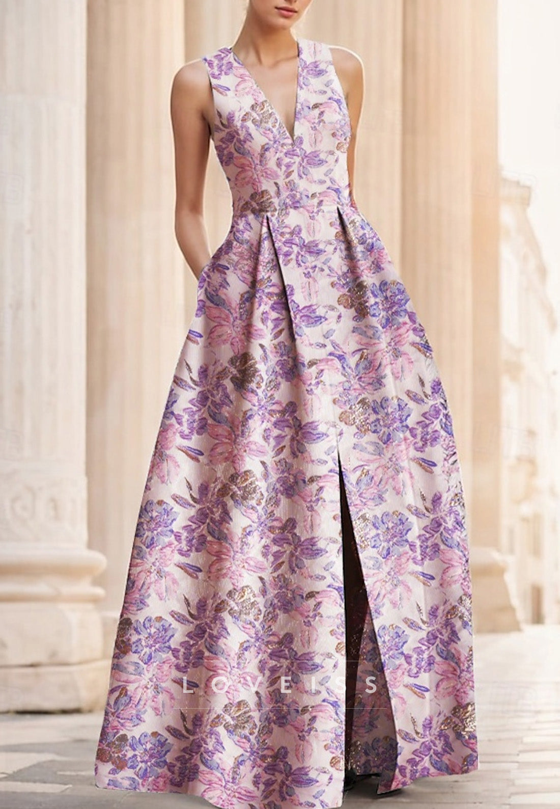 V-Neck Long Sleeves Sleek Floral Printed A-Line Mother of Bride Dress