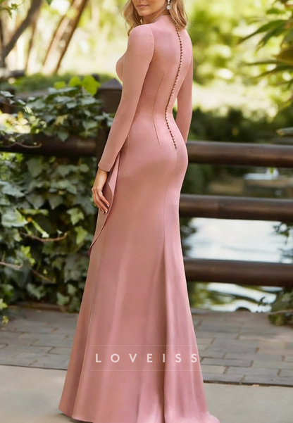 V-Neck Floral Ruffled Mermaid Long Sleeves Mother of Bride Dress