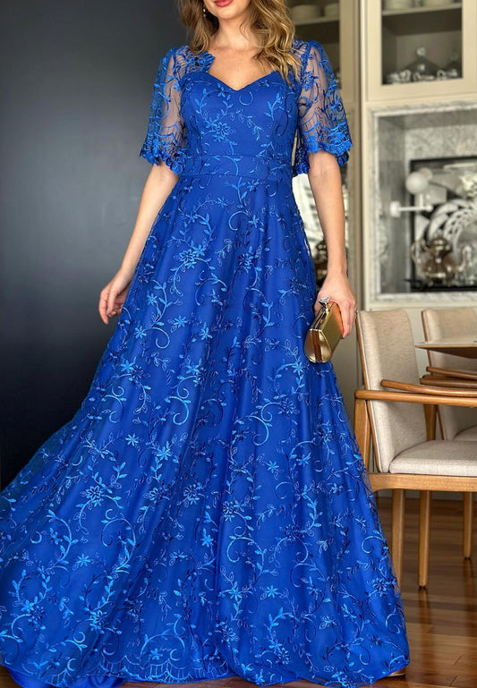 V-Neck Half Sleeves Appliques A-Line Mother of Bride Dress