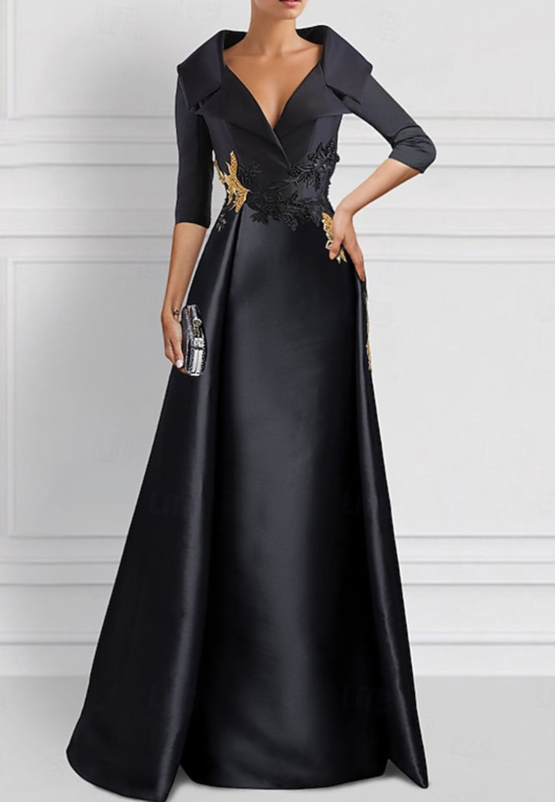 V-Neck Half Sleeves Appliques Sheath Satin Mother of Bride Dress