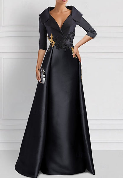 V-Neck Half Sleeves Appliques Sheath Satin Mother of Bride Dress